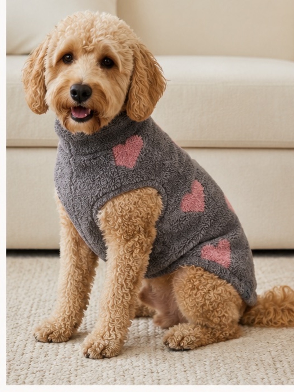 Barefoot Dreams Gray Fuzzy Dog Sweater with Pink‎ Hearts
